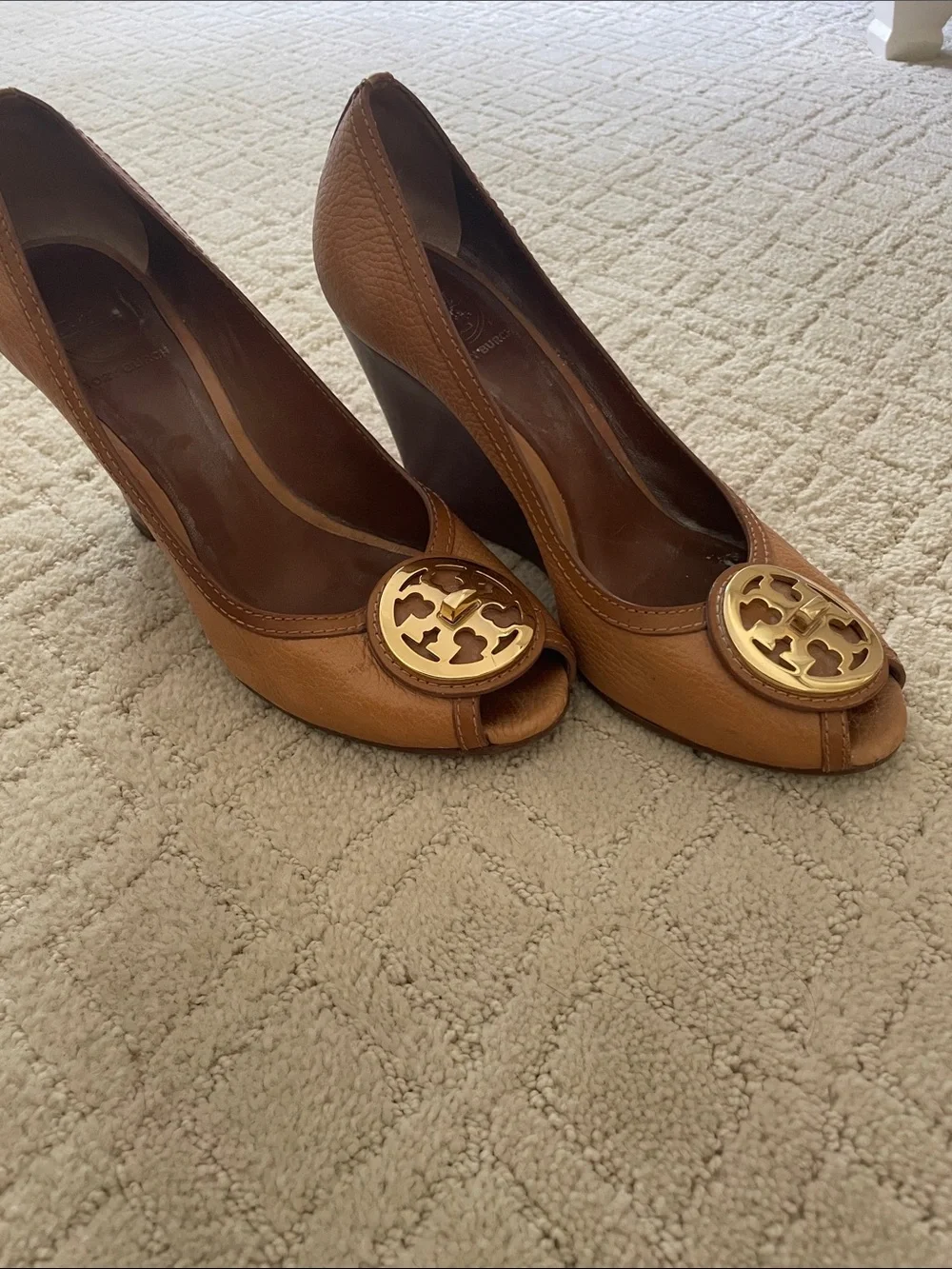 Tory Burch Brown Leather Peep-Toe Heels with Gold Logo Medallion